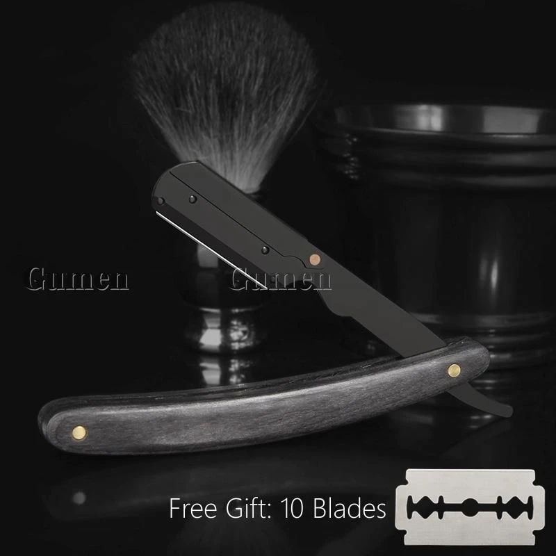 Boxed Barber Men's Replaceable Blade Razor Manual Folding Stainless Steel Shaver Salon Wooden Handle Knife With 10pcs Blades