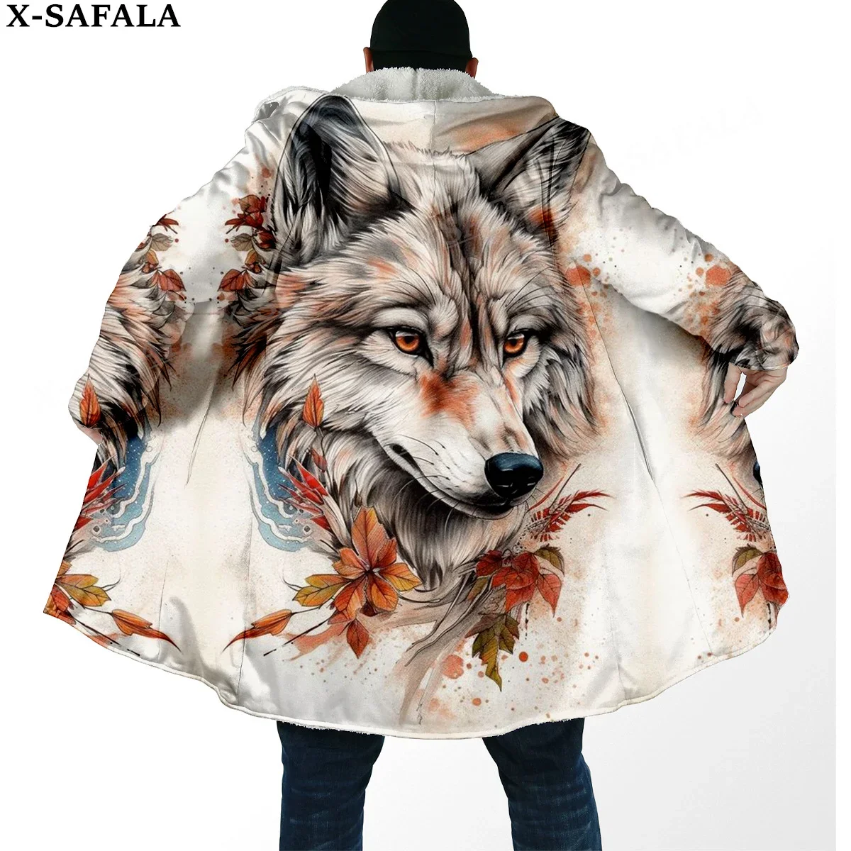 Native Feather Wolf Dream Catcher 3D Print Thick Warm Hooded Cloak Men Overcoat Coat Windproof Fleece Cape Robe Hooded Blanket-3