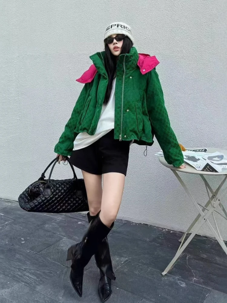 New Hooded Print Green Down Jacket Winter Female 2025 Parkas Mujer Casual Puffer Duck Downs Coats Women Elegant Office Lady