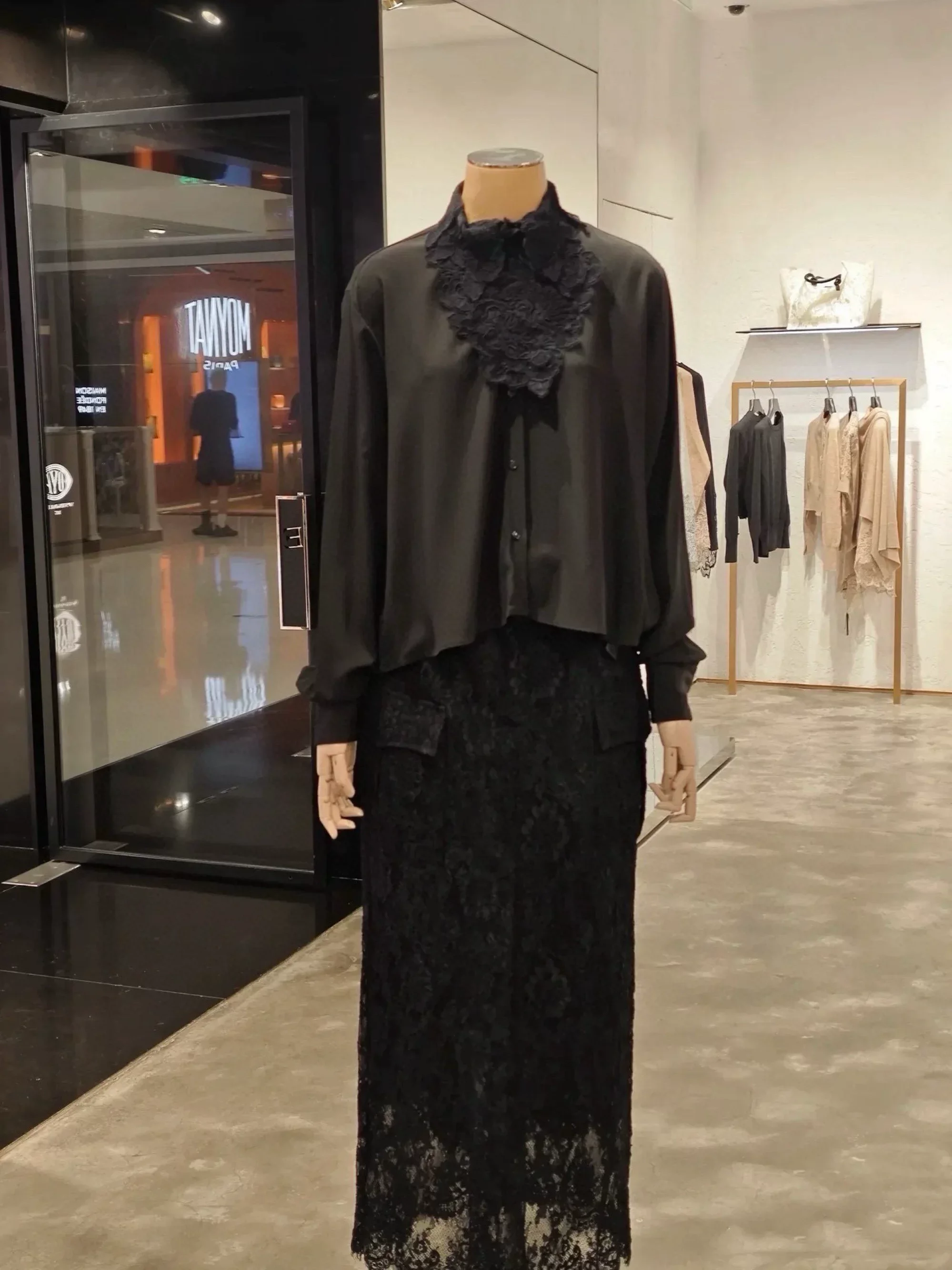 Quiet Luxury Silk Crepe Blouse Women Vintage High Neck Embroidered Lace Bib Black Shirt Chic Evening Tops
