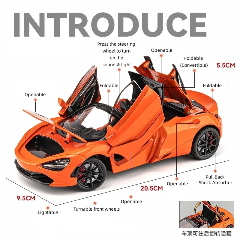 1/24 McLaren 720S Diecast coche de juguete vehículo miniatura Convertible modelo tirar hacia atrás sonido y luz colección regalo para niños F