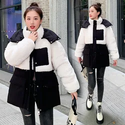 Women Lamb Wool Splice Thicken Warm Coats 2024 Winter Jacket Female Loose Down Cotton Coat Womens Hooded Puffer Parkas Snow Wear