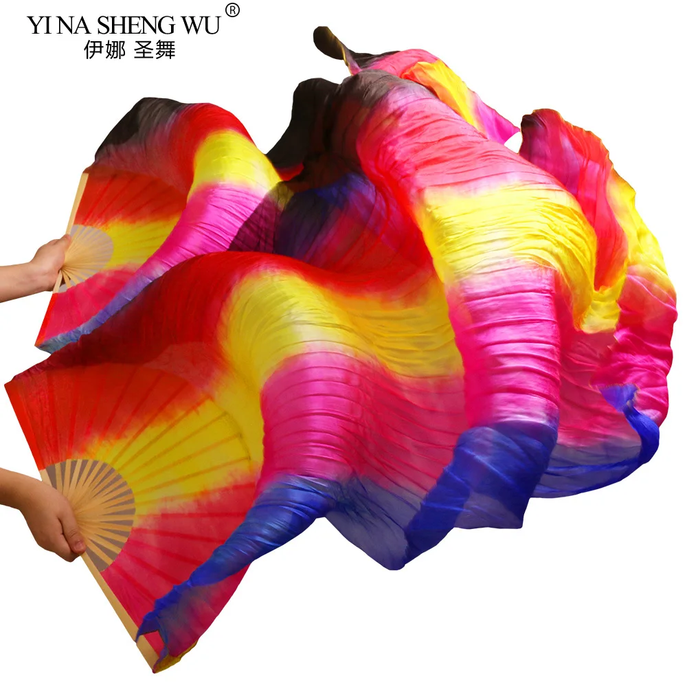 Vente chaude 100% éventail en soie 1 paire fait à la main de haute qualité éventails de danse du ventre en soie rayures verticales bleu + Rose + jaune + rouge + noir 180*90 cm