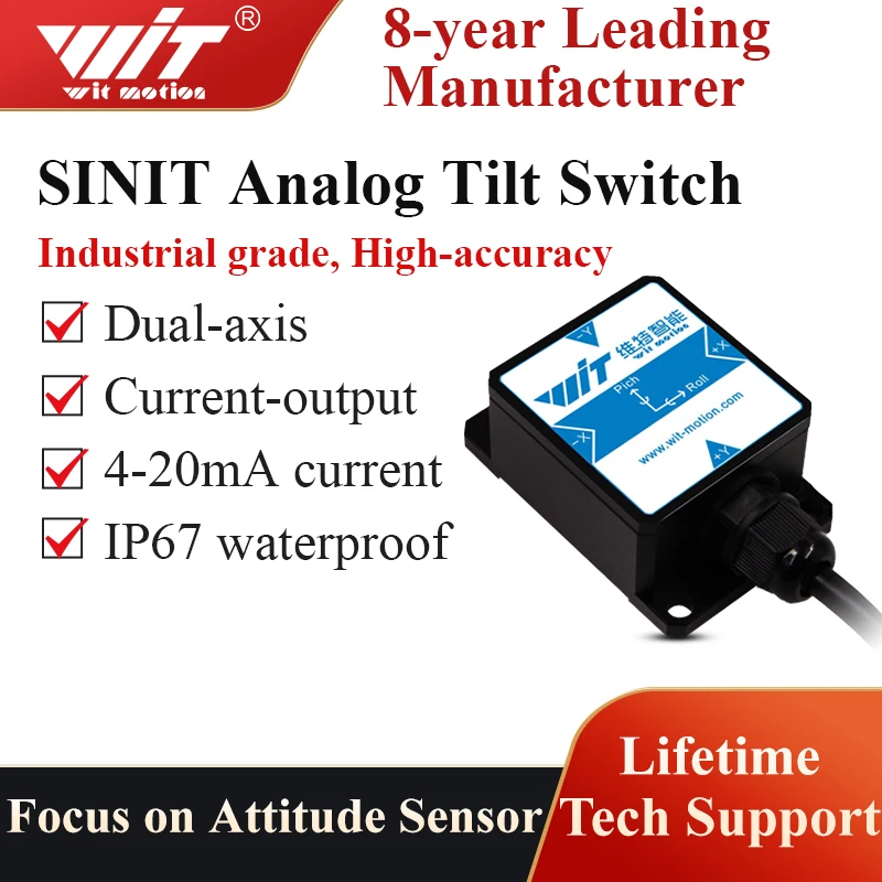 WitMotion SINIT Dual-axis Current Analog Tilt Switch (4-20mA, -90 Degrees) Security Inclinometer,Anti-Vibration Tilt Angle(IP67)