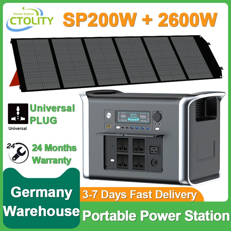 2600W Portable Power Station With 200W 18V Solar Panel 2048Wh Lifepo4 Battery Energy Storage Supply Camping Campervan RV Outdoor