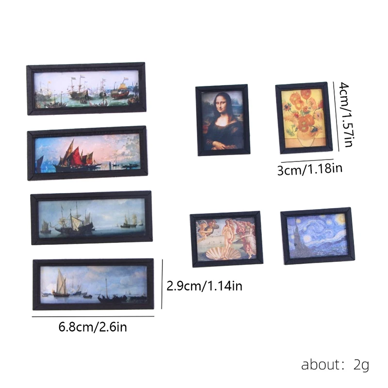 8Pcs/Set 1:12 Dollhouse Miniature Vintage Oil Painting Mural Photos Wall Picture Scene Decor Doll House Accessories