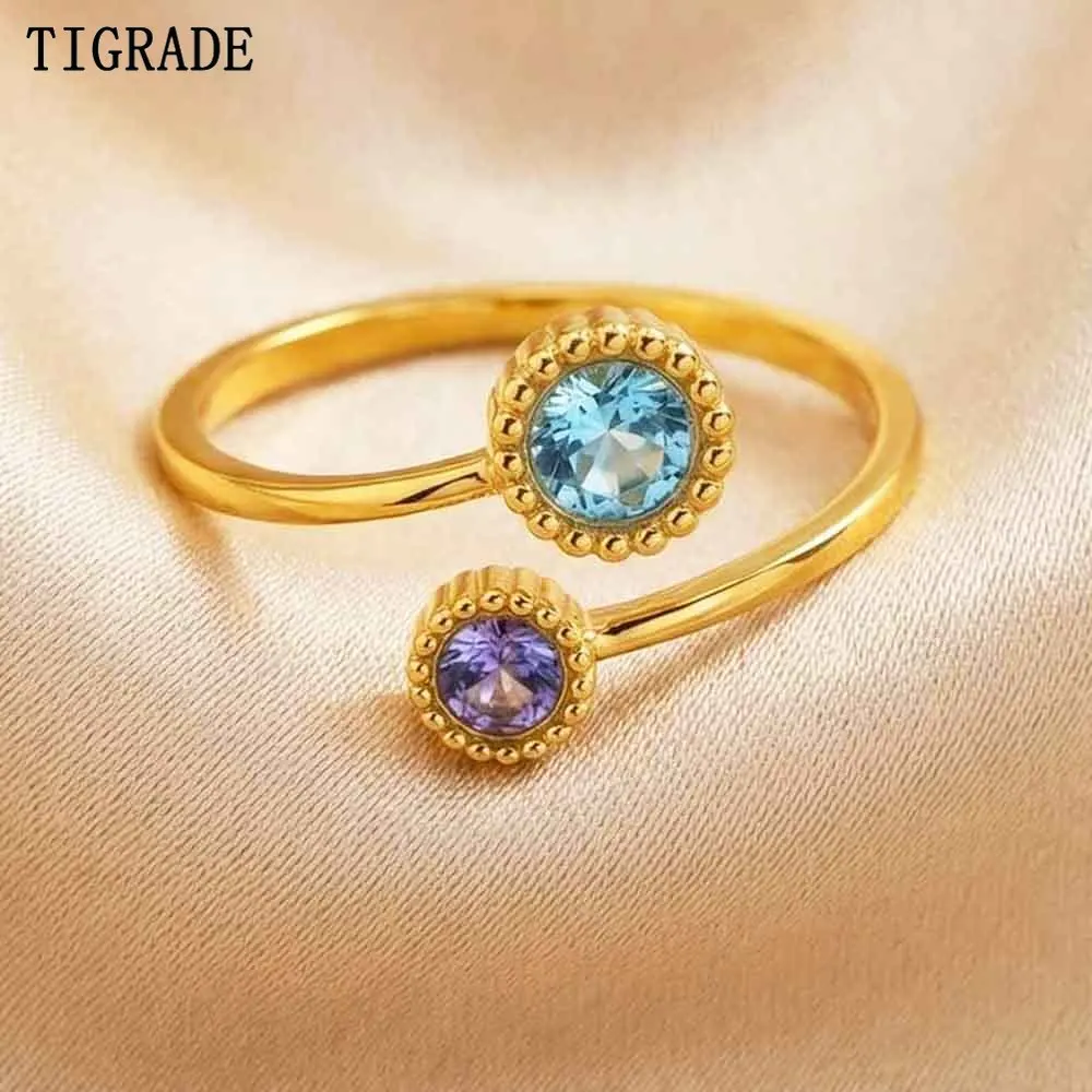 Tigrade Luxury Colorful Zirconia Open Rings For Women Gold Plated Stainless Steel Minimalist Adjustable Ring Party Jewelry Gifts
