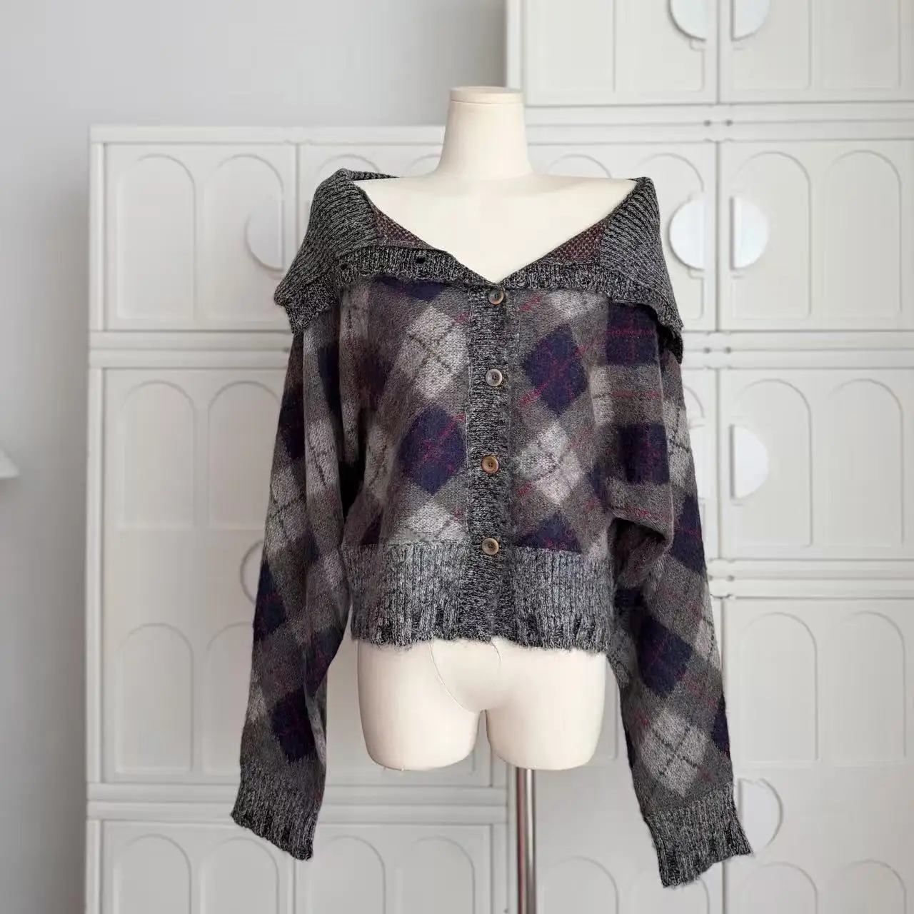 Sweter rozpinany w kratę w stylu vintage, luźny, z dzianiny, patchworkowy, wełniany kardigan na jesień i zimę, odzież modowa C225