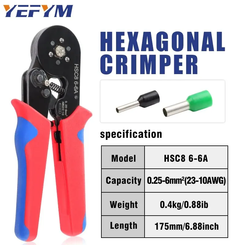 Ferrule Crimping Tools HSC8 6-6A Self-Adjusting Hexagonal Wire Crimper Pliers For 0.25-6mm²(AWG23-10) Electrical Circuit Repair