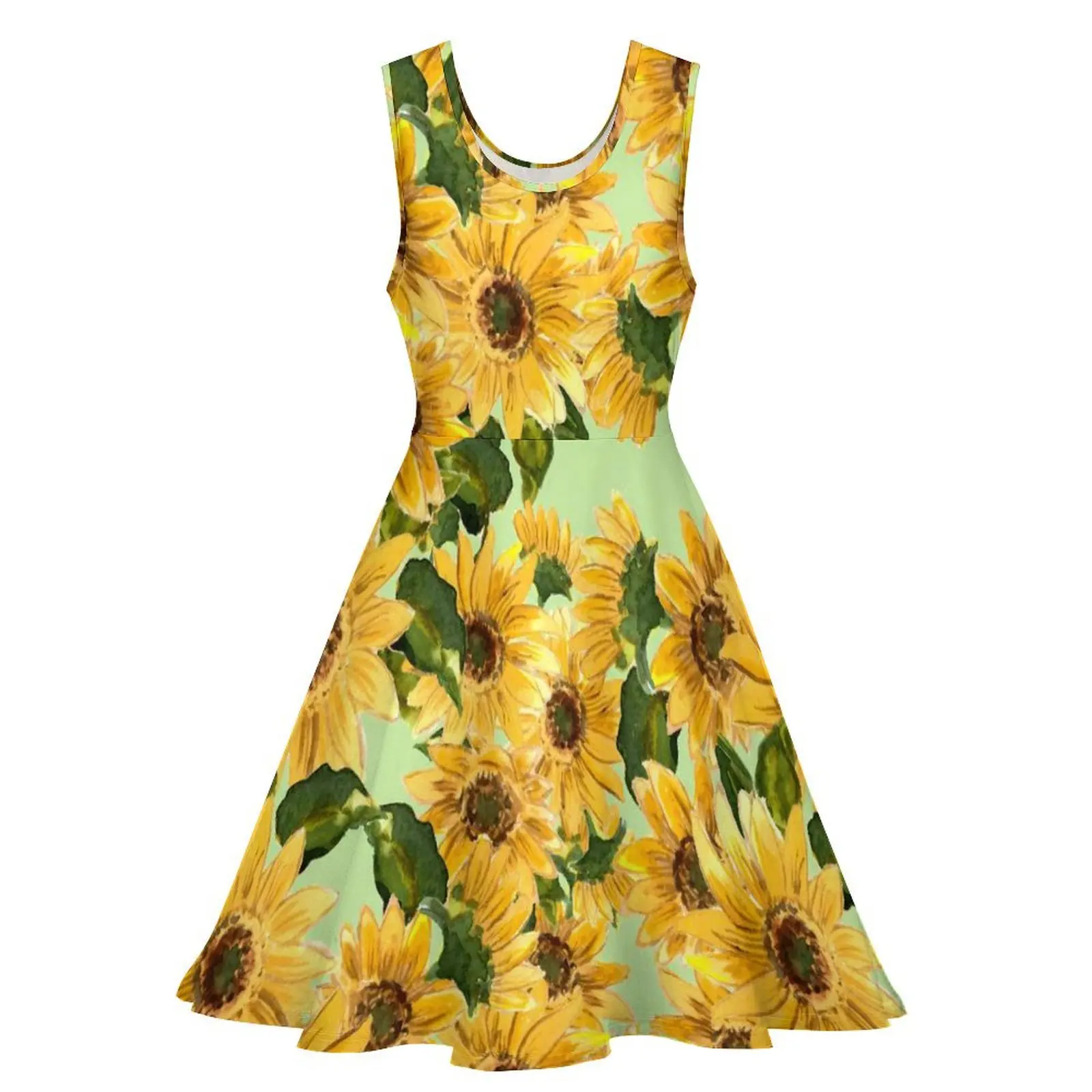 Blooming Sunflower Dress Yellow Flowers Street Wear Dresses Womens Boho Beach Skate Dress Spring Pattern Vestido Large Size