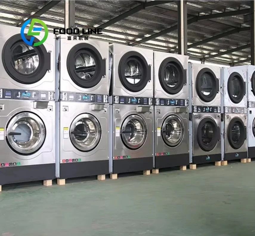 Professional Stainless Steel Coins Operated Commercial Stacked Washer And Dryer 12kg 15kg Multi-Voltage Clean-In-Place Customize