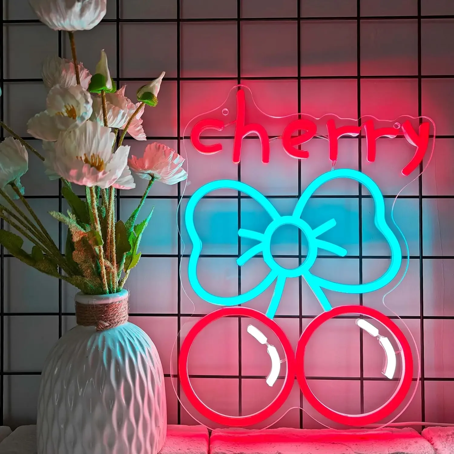 チェリーネオンライト、リボン付きledウォールデコレーション、usb調光式、パーティー、寝室、キッチン、カフェ、美容院、キュートな家の装飾、女の子へのギフト