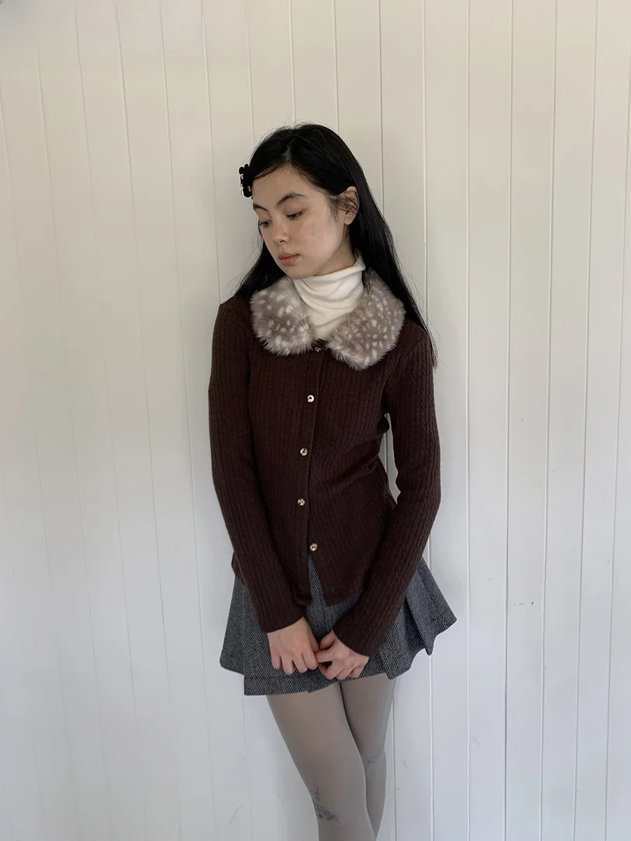 

ay Coffee Deer Spot Knitted Cardigan Coat with Fur Collar Twist Flower Rt NOTJUSTHIM Warmth for Autumn And Winter