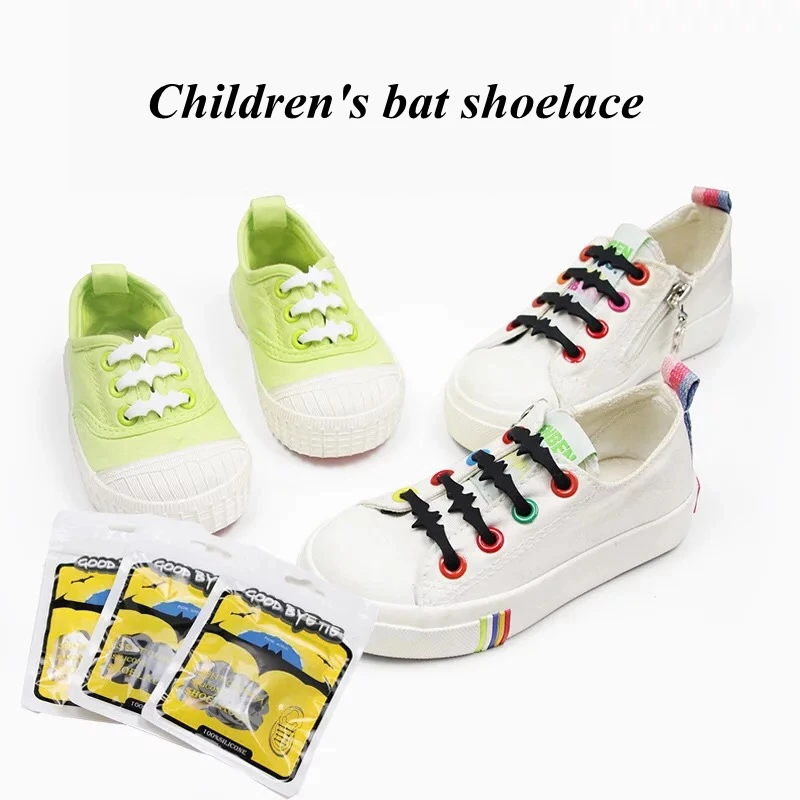 12pcs/set Silicone shoelaces Elastic Plastic No Tie shoelace White Black Grey silicone shoes lace Children's Bat Shape Shoelaces