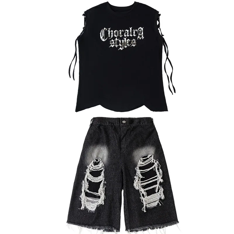 Ragazzi Costumi di danza jazz Abiti da ballo di strada hip-hop Top senza maniche nero Pantaloncini strappati Abiti da ballo da sala Abiti da palcoscenico