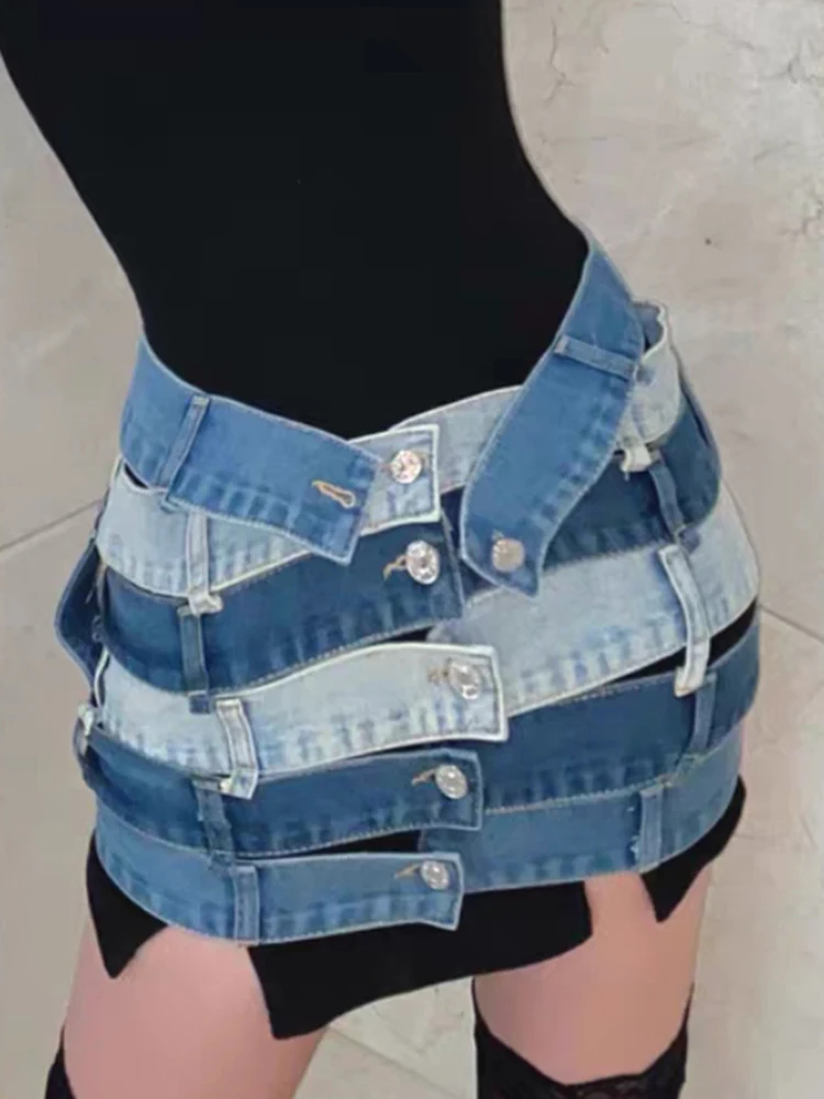 CHICEVER Cut Out Colorblock Skirt For Women High Waist Denim Asymmetrical Sexy Mini Skirts Female Clothing Style New 2022 Summer