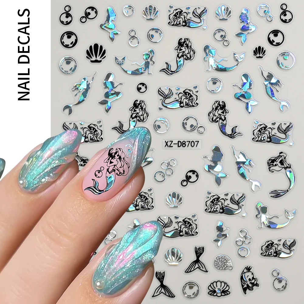12Pcs Holographic Summer Ocean Themed Nail Stickers Mermaid Starfish Seashell Nail Decals Laser Silver Black Beach Nail Supplies