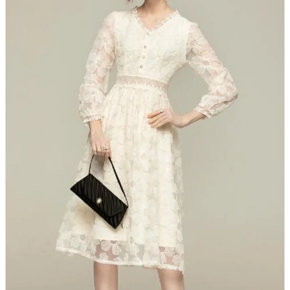 Sweet lool sleeve lace v neck abito vintage French Party elegante Summer Sexy Slim Women dresses