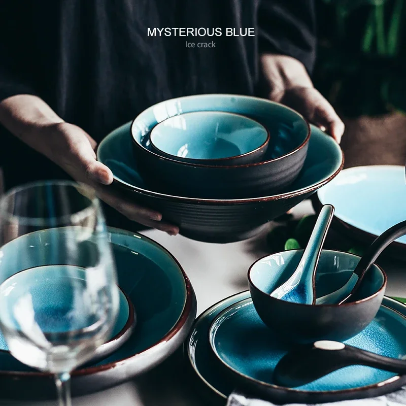 Ice Cracking Glaze Ceramic Tableware Household Dishes Rice Bowls Steamed Fish Dishes Porcelain Blue Dinner Plates