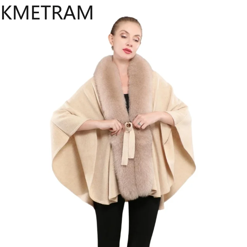 

100% Natural Wool Cloak with Fox Fur Collar Winter Real Fur Coat Woman Luxury Shawl Coats Women Clothing 2025 шуба женская