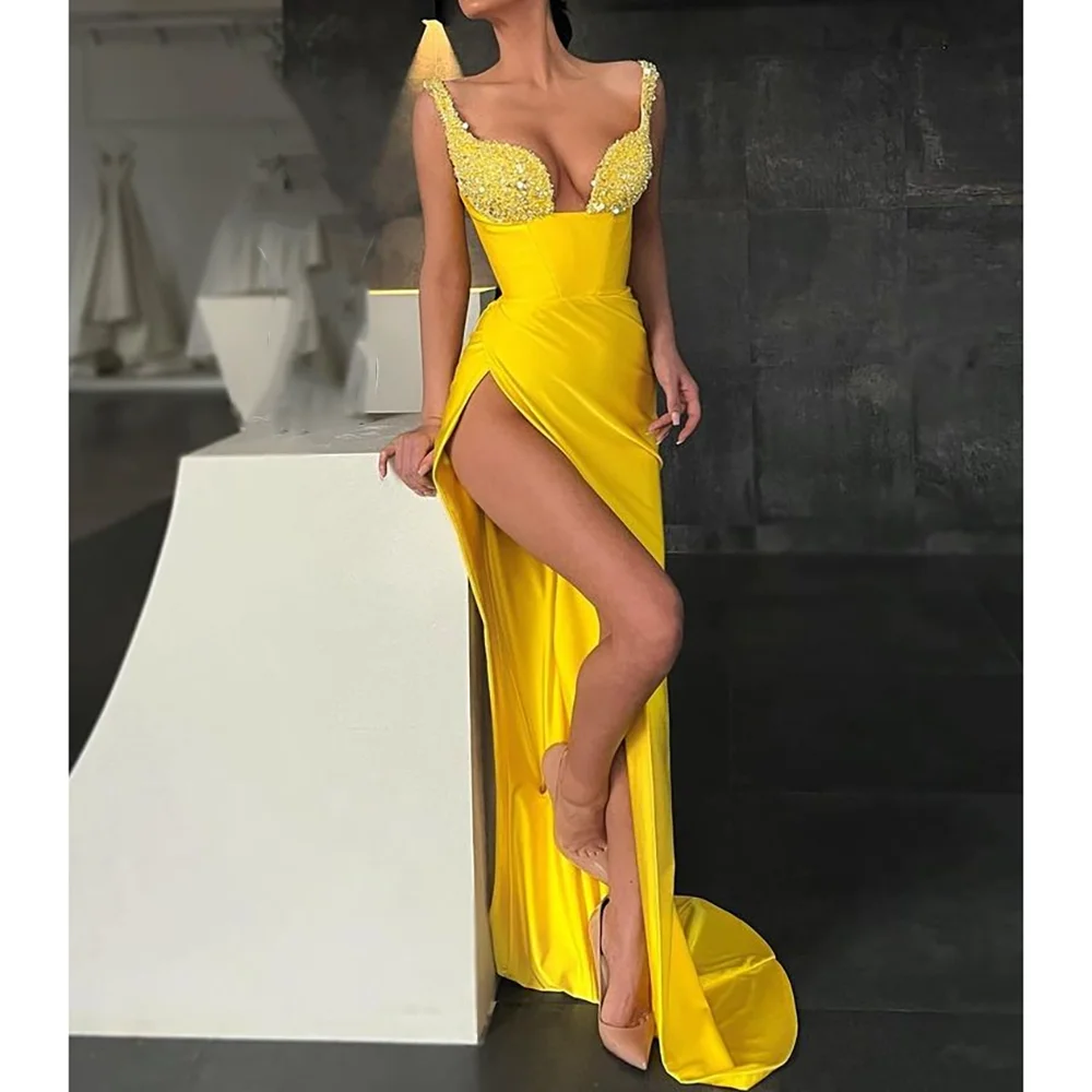 

Sexy Spaghetti Strap Cut Out Sleeveless Cystal Applique Sparkle Prom Gown Floor Length Mermaid Side Split Dinner Party Dress