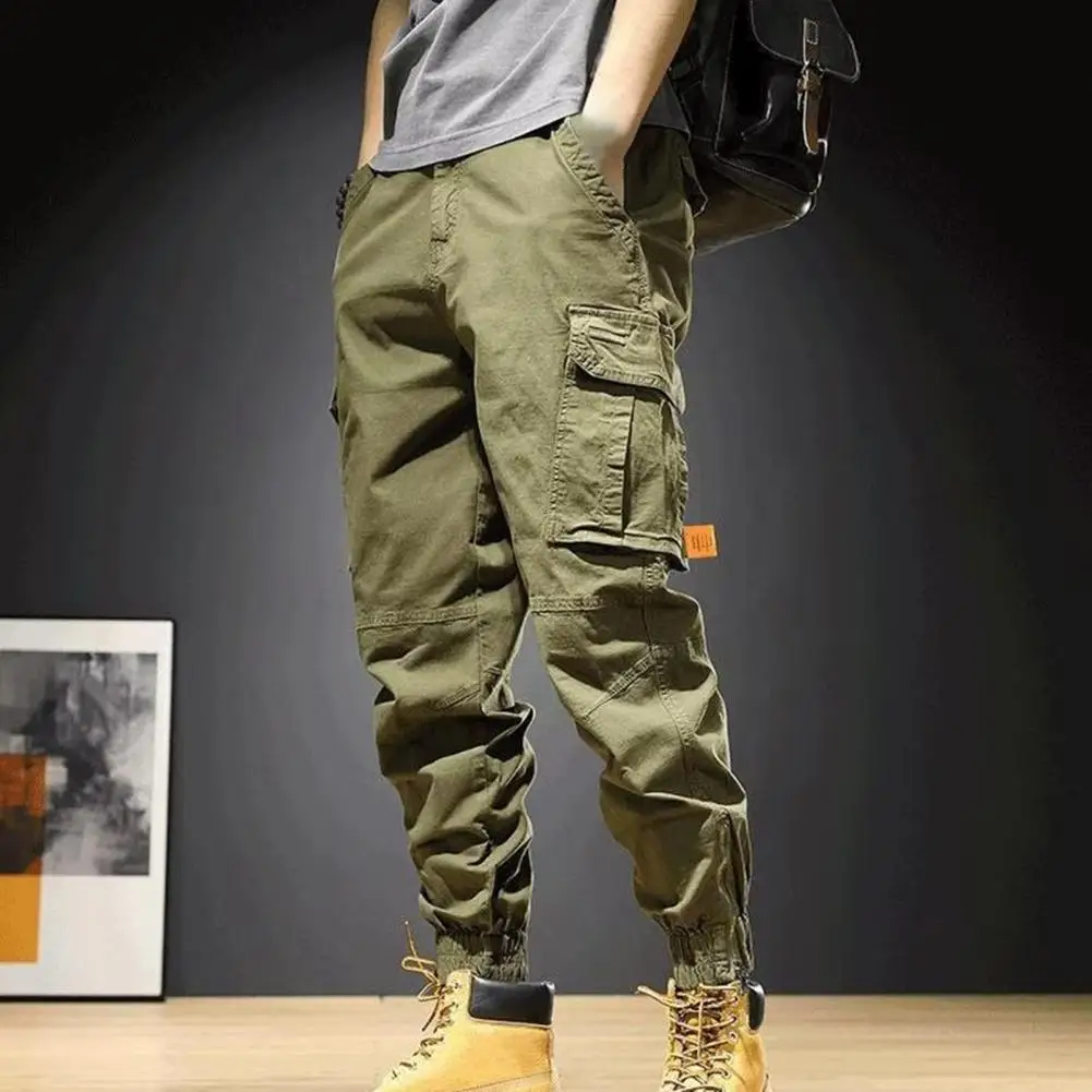 Classic Multi Pocket Military Biker Men Cargo Pants High Quality Man Drawstring Elastic Waist Solid Color Pant pantalones hombre