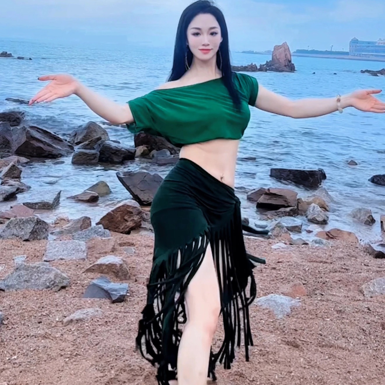 

Belly dancing performance costume green sloping shoulder top+black tassel skirt set adult women's professional practice outfit