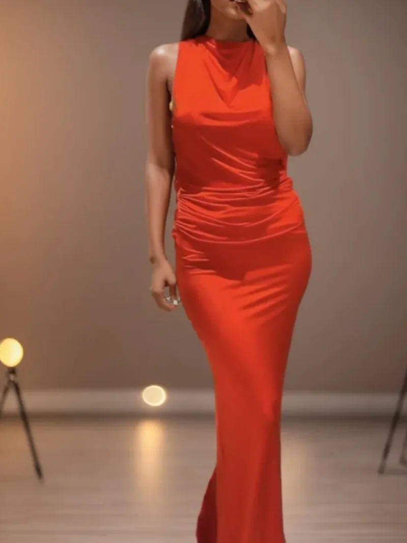 

Women's Slim-Fit Simple Backless Long Dress for Summer Red Fold Midi Dress Fashion Sleeveless Bodycon Party Dress elegant Lady
