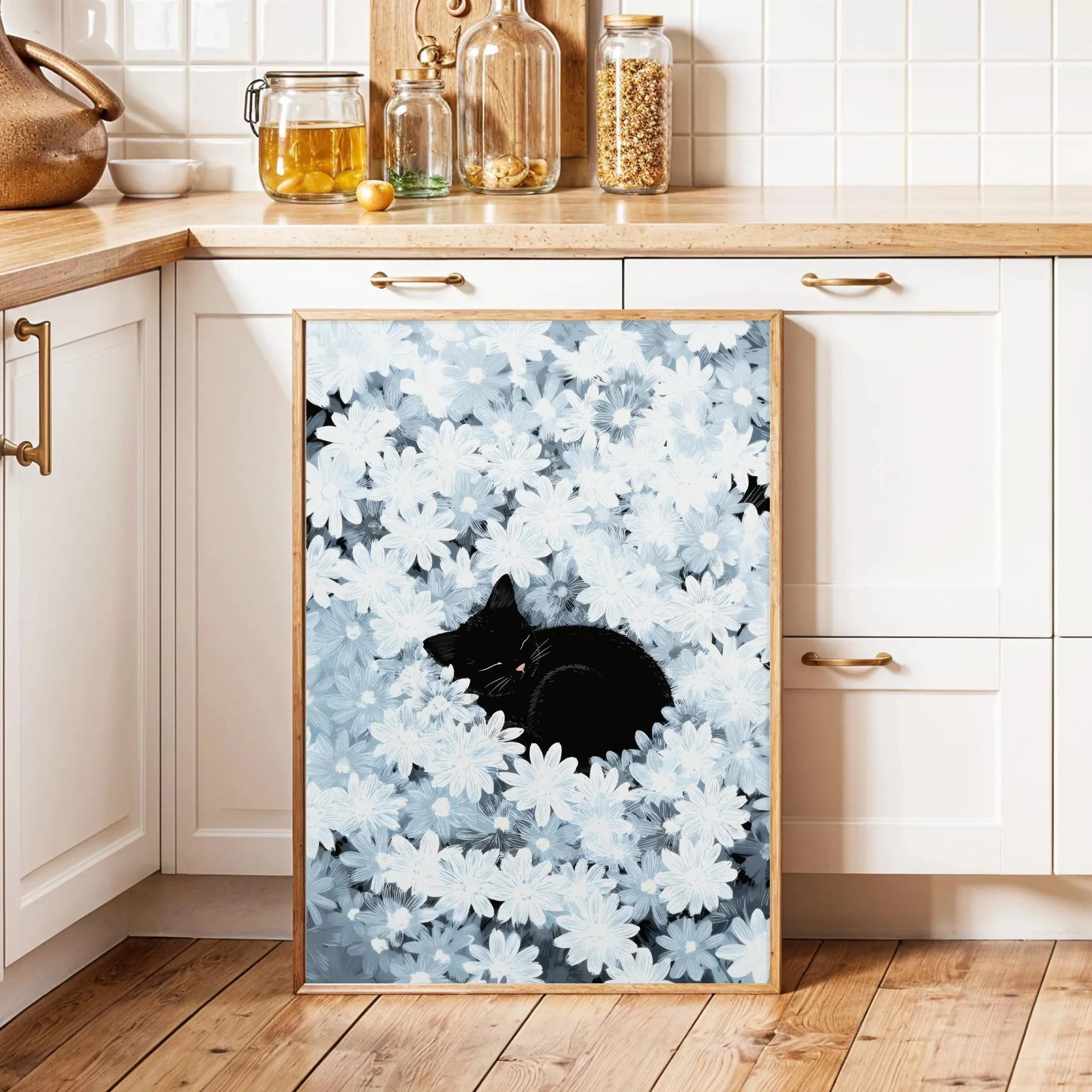 Daisy Field and Black Cat Print Cottagecore Floral Decor Black Cat Canvas Poster Home Decor Cat Lover Gift for Living Room