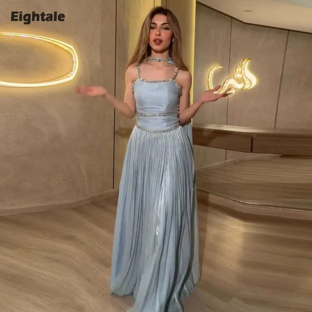 Eightale Arabische Abendkleider mit Perlen, bodenlang, Krepp, Strass, staubiges Blau, Abschlussball-Partykleid, Vestido de Fiesta