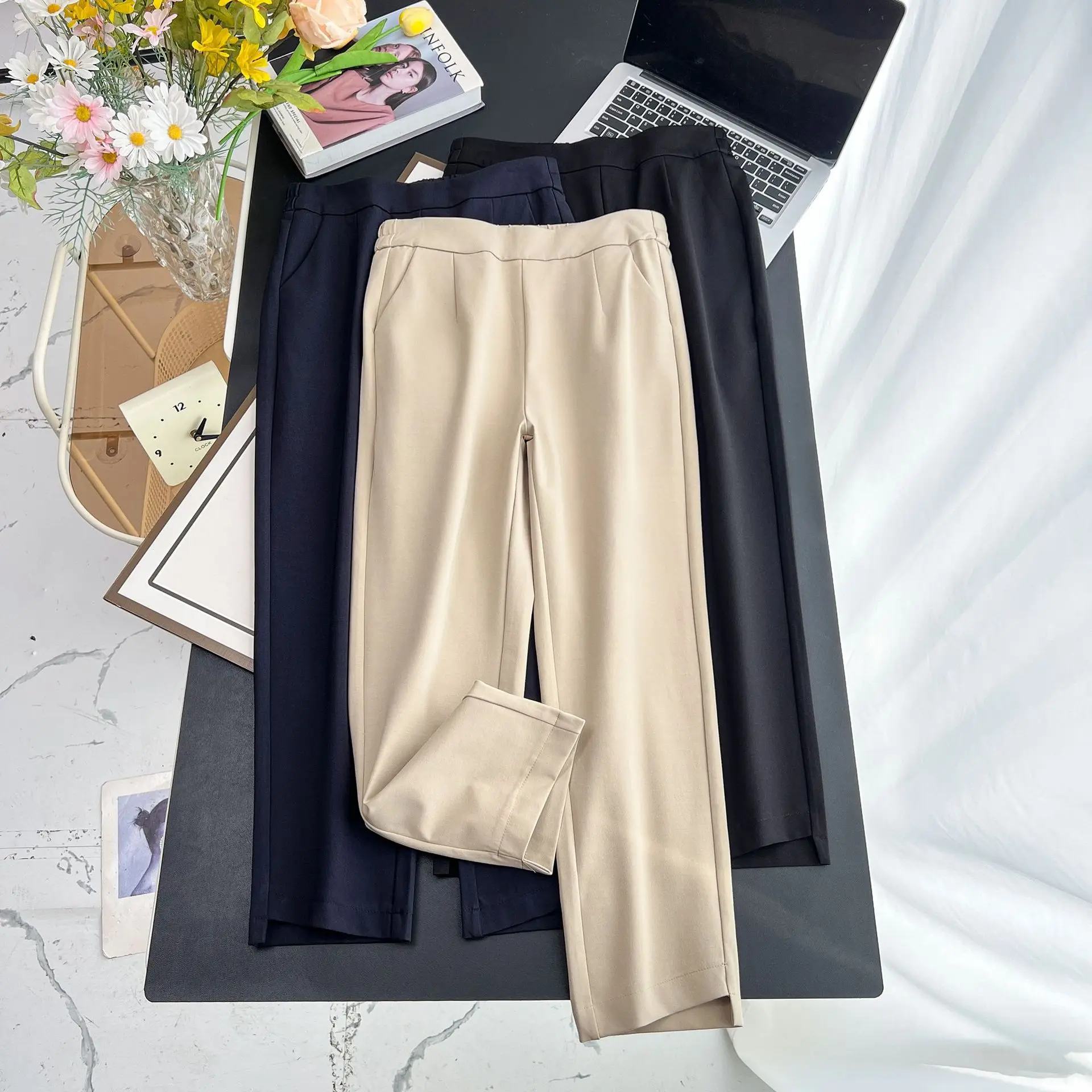 XL XXL Women's Cigarette Pants Spring Autumn New Elastic High Waist Slim Casual Stretched Ankle-Length Trousers