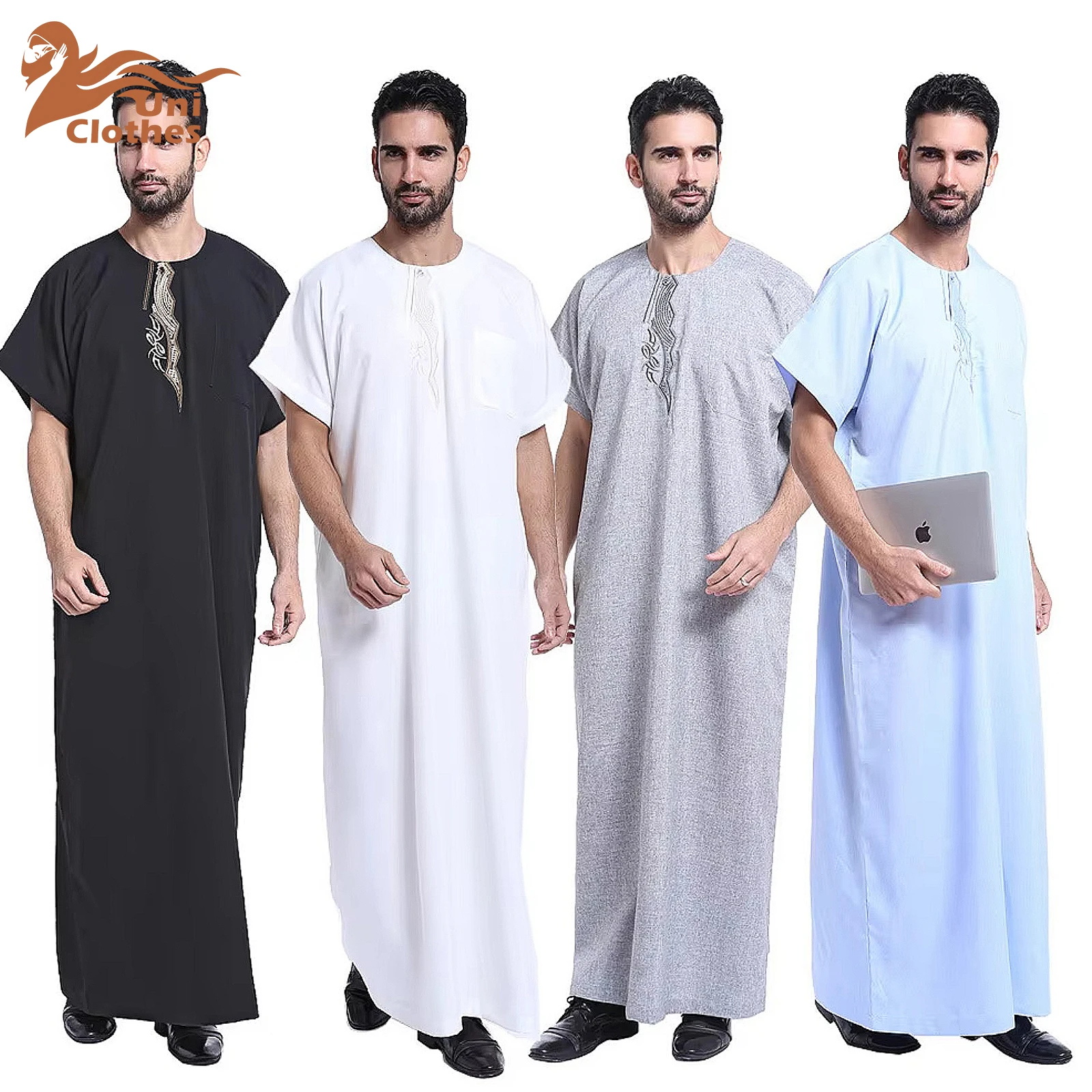 UNI Islam Abaya Men Short Sleeve Clothes Dress Robe Muslim Turkey Jubbe Thobe Saudi Arab Kaftan Abaya Dubai Eid Ramadan