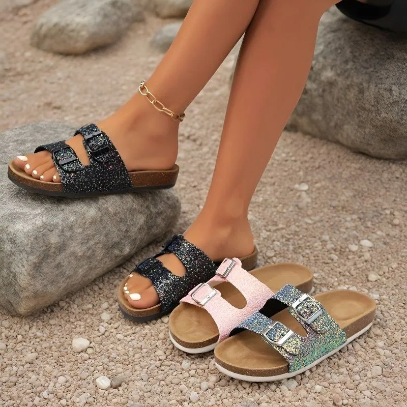 2026 Sommer Metallschnallen-Pailletten-Slipper für Damen mit runder Zehenpartie, offener Spitze, rutschfester Plateau-Sohle und rutschfesten Strandschuhen