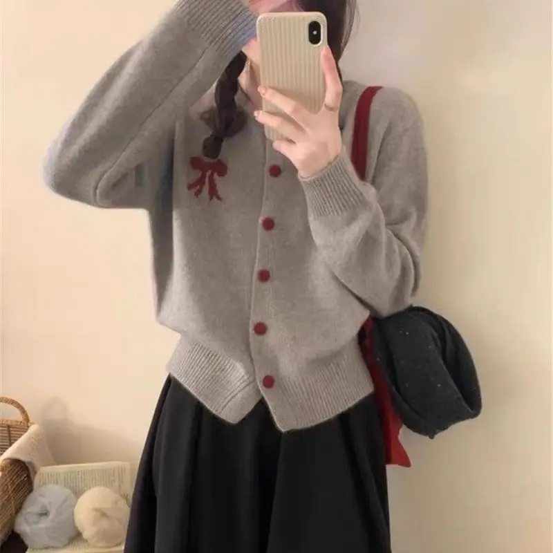 O-neck Solid Color Long Sleeve Knitting Cardigan Coat Women Autumn Winter Simplicity Bow Sweater Sweet All-match Knitwear Tops