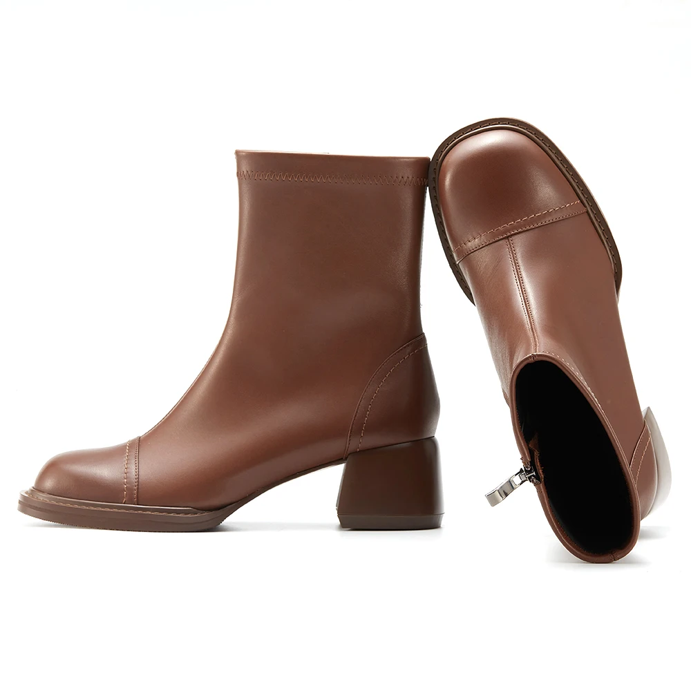 Hand gefertigte Kalbsleder Damen Chelsea Chunky Mid-Heel Stiefel Mode Plattform Slip auf Seite Reiß verschluss Knöchel & Bootie