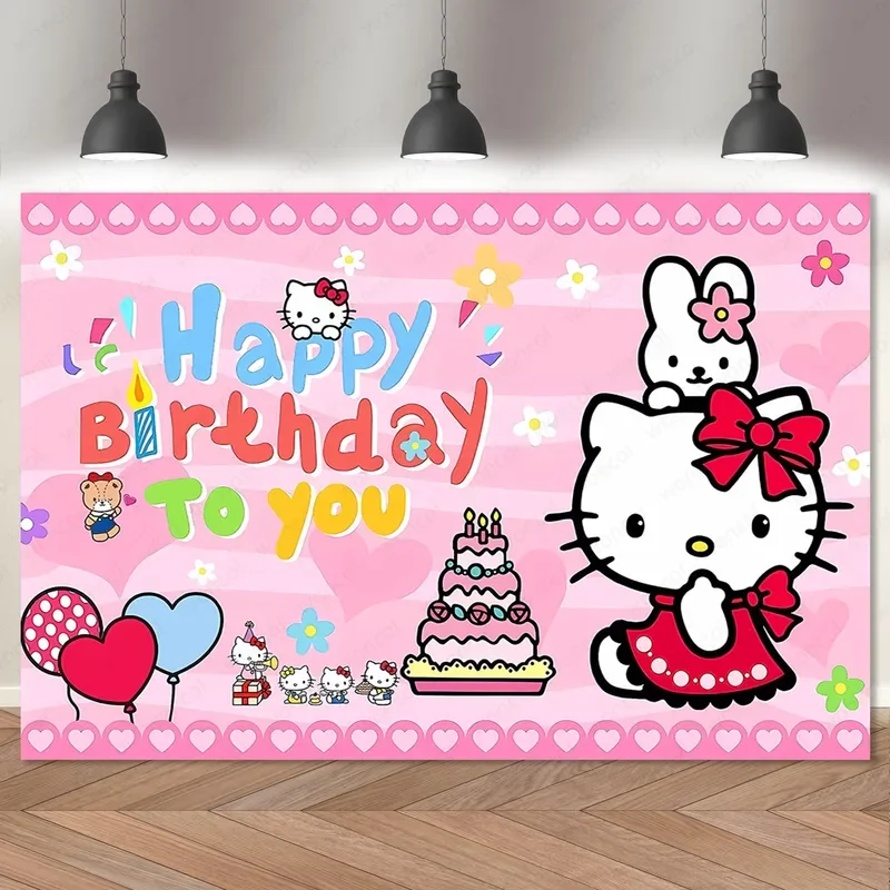 Hello Kitty Pink Backdrop Cover Girl Birthday Party Decoration Vinyl Cats Photography Background Baby Shower Banner Studio Props