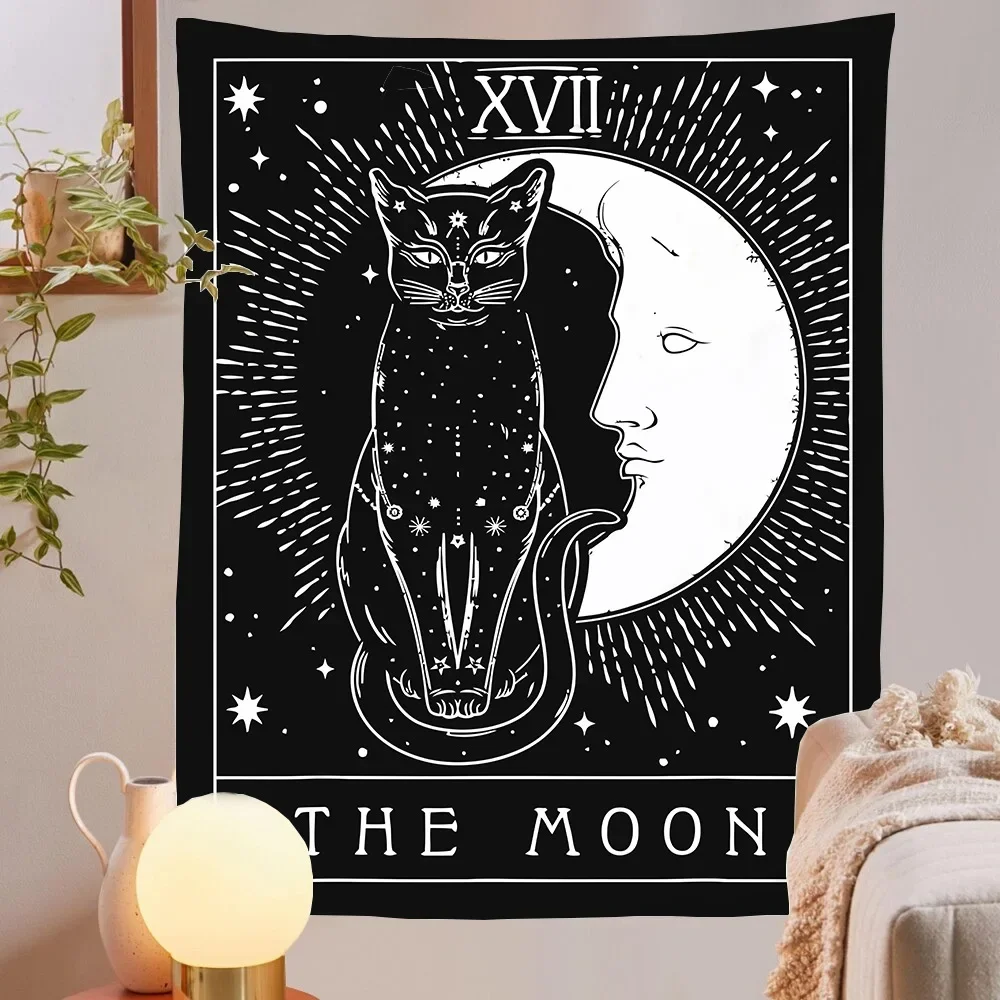 

Tarot Cat on Moon Psychedelic Tapestry Wall Hanging Black White Mysterious Divination Witchcraft Tapestries Hippie Decor