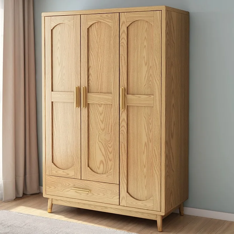 

Ash wood all-solid wood wardrobe small household three-door simple Nordic bedroom Japanese rattan wardrobe
