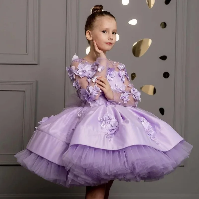 Purple Girls Long Sleeve Party Dress New Puffy Evening Pageant Formal Celebration Tulle Princess Gown for Birthday Fashion Show