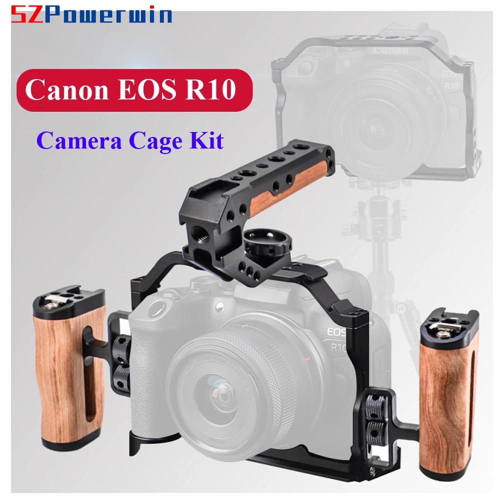 Powerwin For Canon EOS R10 Camera Cage with wooden Handle Kit Aluminum Alloy Multifunctional Arri Locating Screw Protective Fram