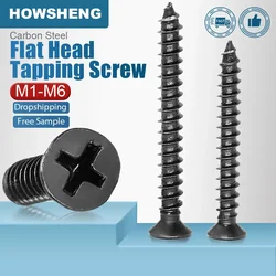 HOWSHENG 10-200pcs Cross Flat Head Self-tapping Screw M1-M2 M2.3 M2.6 M3 M3.5 M4 M5 M6 Carbon Steel Black Phillips Mini Screw