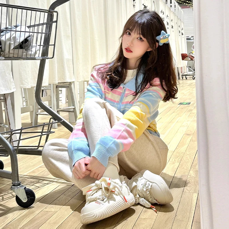 Multicolor Striped Zipper Outwear Contrast Color Knitted Sweater Cardigan