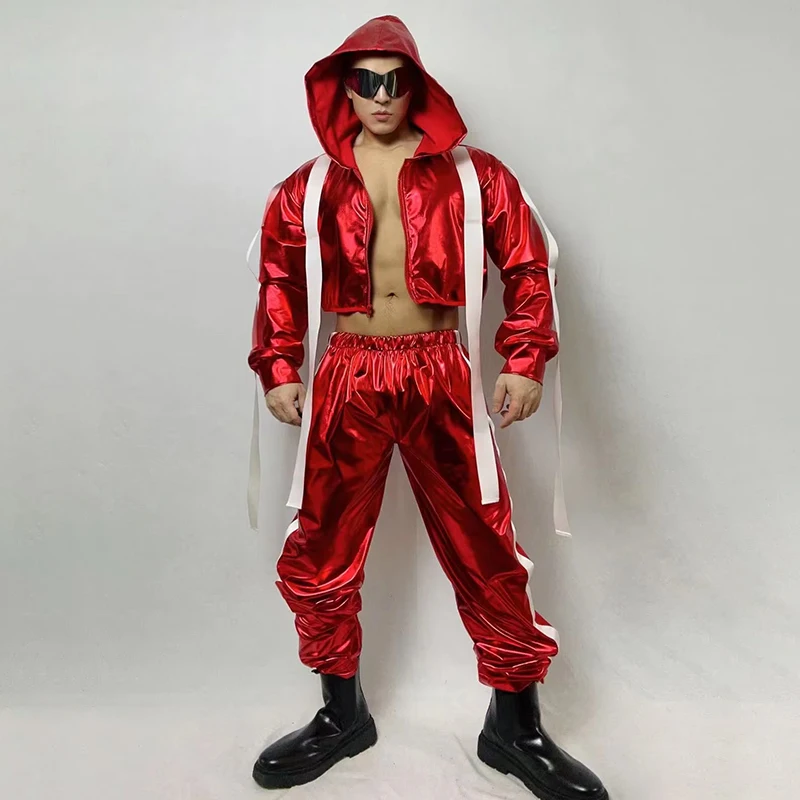 Red Nightclub Hip Hop Dances Clothes Sexy Pole Dance Costume Muscle Man Jazz Hoodie Pants Bar Gogo Dancer Rave Outfit VDB6472