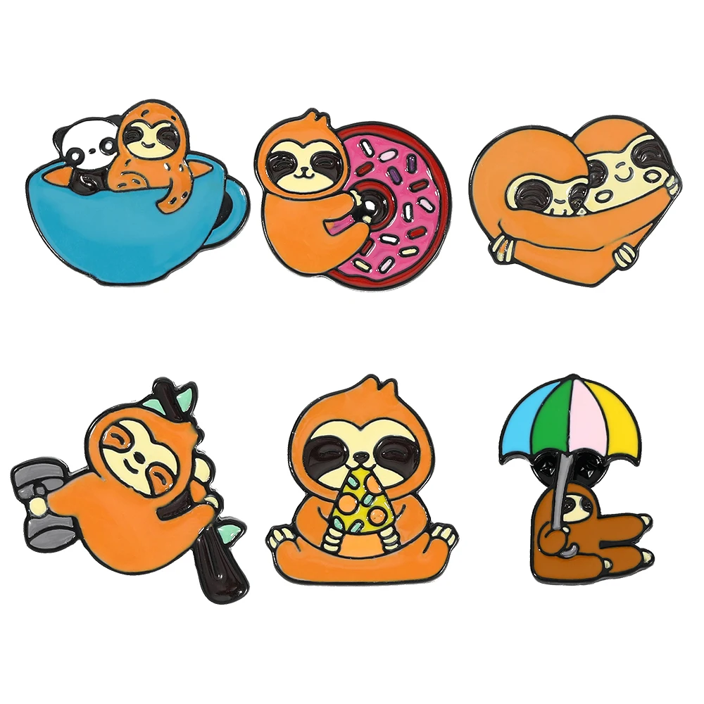 6Pcs/Set Cute Cartoon Play Sloth Collection Pins Umbrella Doughnut Dumbbell Lovers Pattern Bradypod Enamel Brooches