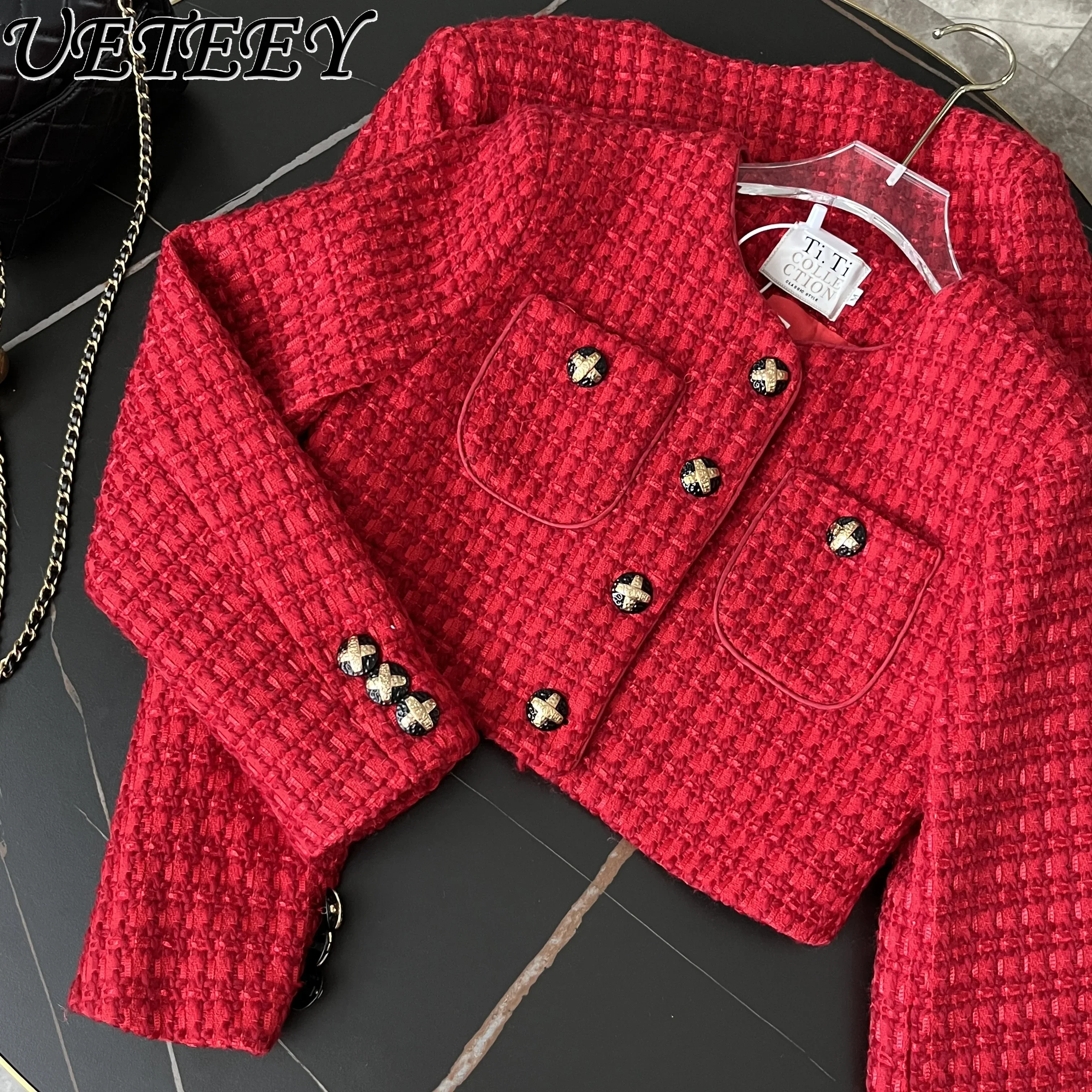 

Celebrity Temperament Red Tweed Jacket Women's Spring and Autumn Niche High Sense Personality Single-breasted Woolen Coat Jacket