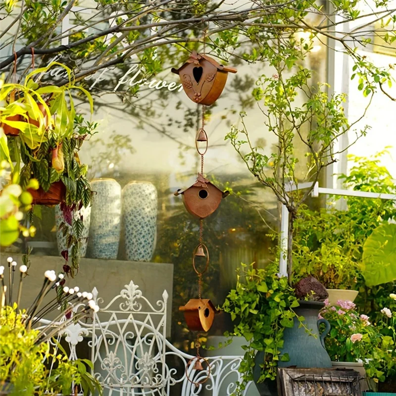 

N93R Gold Bird Houses Rain Chain For Heavy Rain, Functional & Decorative Replacement Downspout Chain For Outside Rainchain