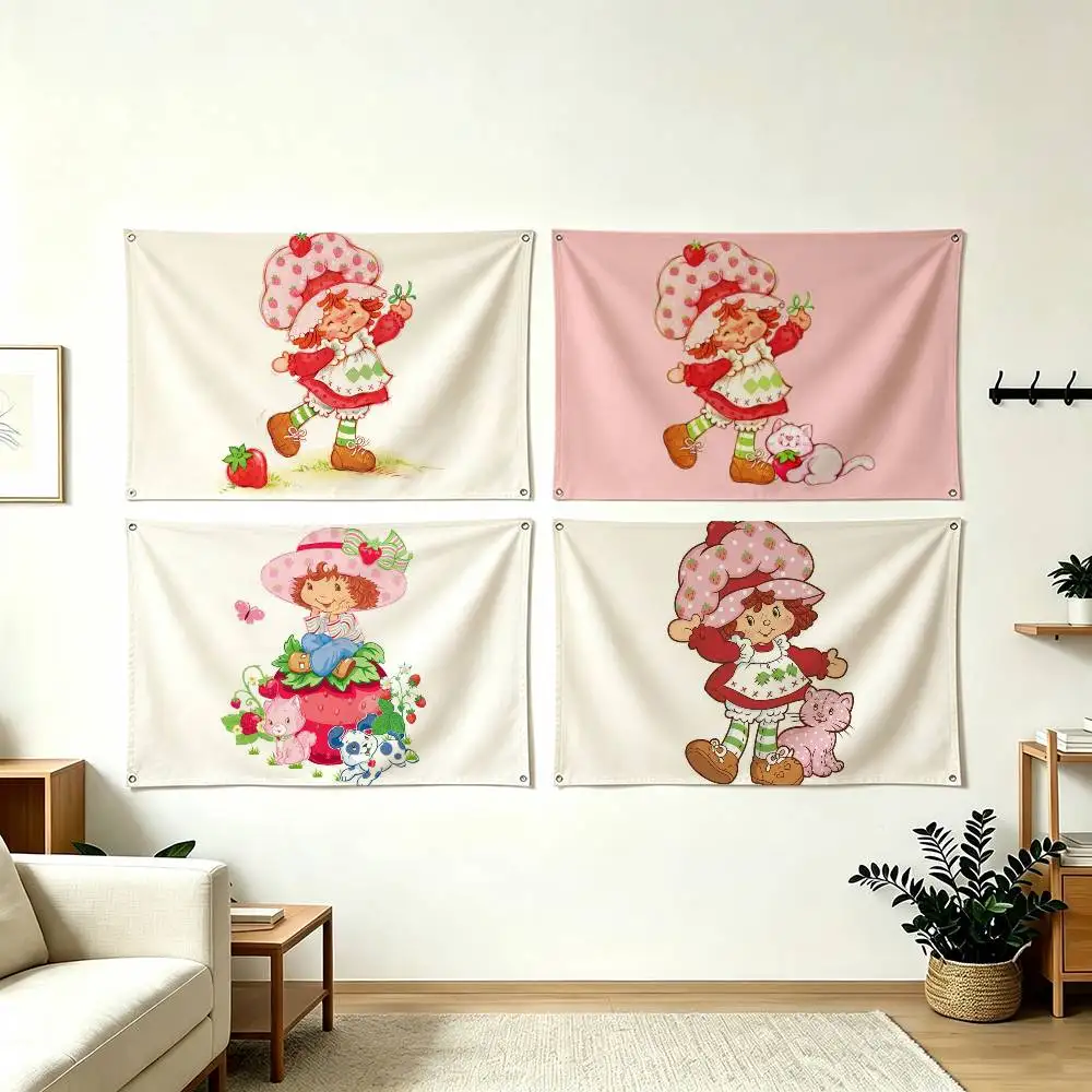 S-Strawberry Shortcake Kids Character Flags for Bedrooms Home Decor Items Outdoor Decors Garage Decoration Flaga