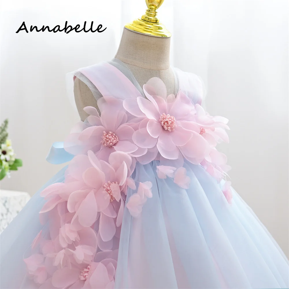 Annabelle Flower Girl Dress Puffy Lace Flower Baby Wedding Bow Dress Priness Girl Bow Birthday Party Sleeveless Bridesmaid Dress