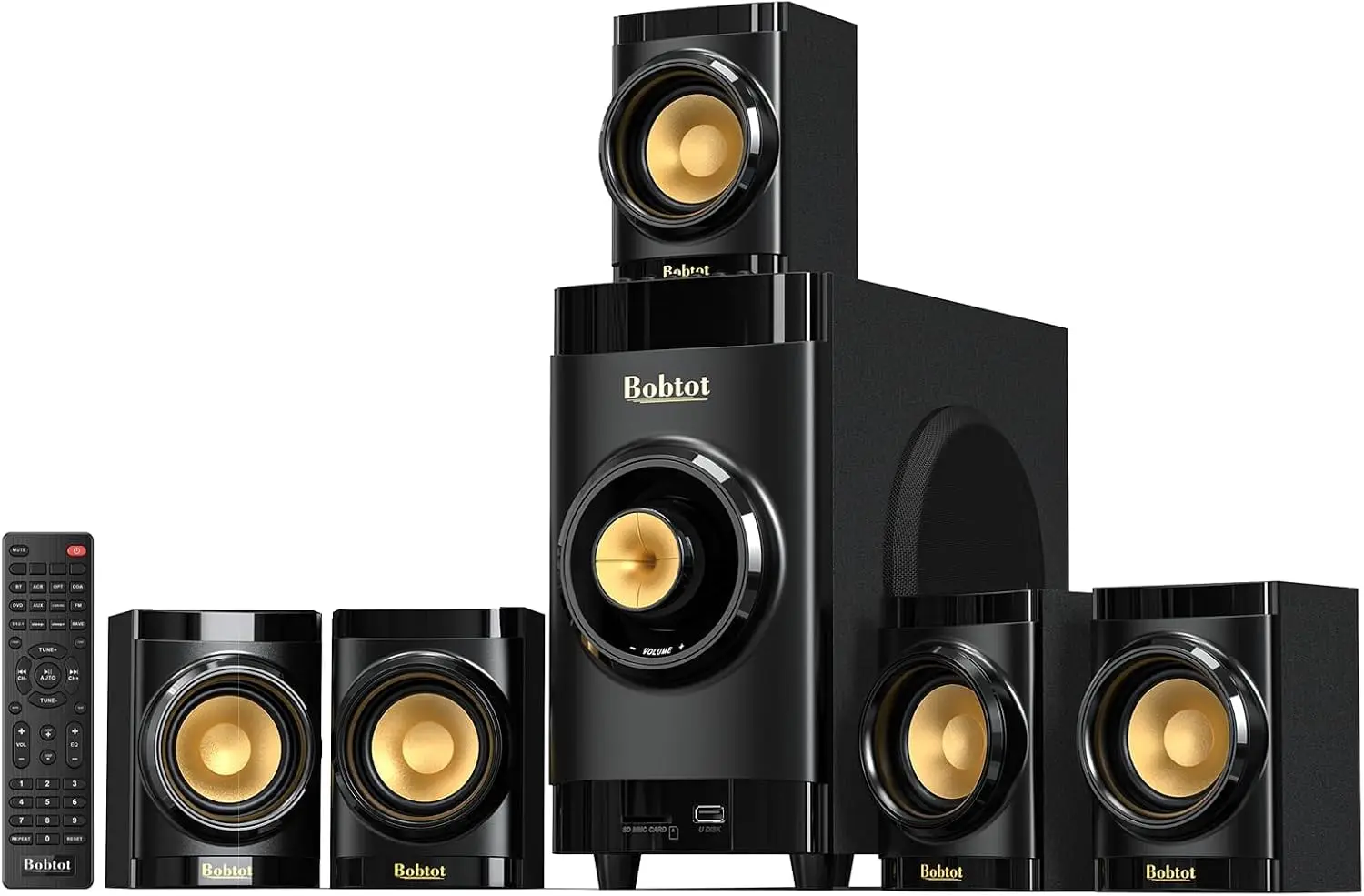 Compact Home Theater Surround System with 5 Wired Speakers, 4-Inch Subwoofer, Built-In Amplifier Receiver, Supports ARC, Optical, and Bluetooth Inputs for TV and Projector