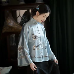 2023 Chinese Style Stand Collar Blue Rose Long Sleeve Tang Suit Top for Women Elegant Wedding Evening Dress China Online Store